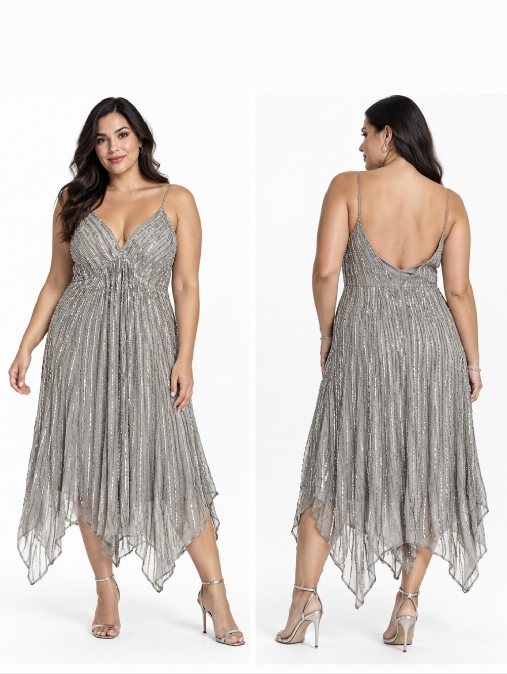 Vintage Stenay 100% Silk Silver Beaded Sequin Handkerchief Dress 14